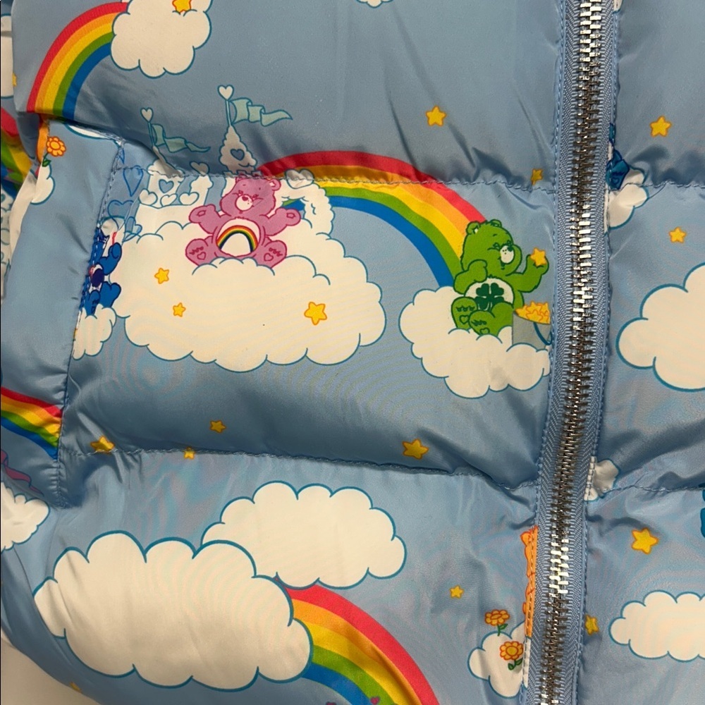 Dolls Kill Sky Blue Puffer Jacket Rainbow Clouds care Bears size small new tags - Picture 2 of 6